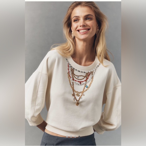 MWT Maeve Bubble Sleeve Crop Cotton Sweater L - Picture 2 of 9